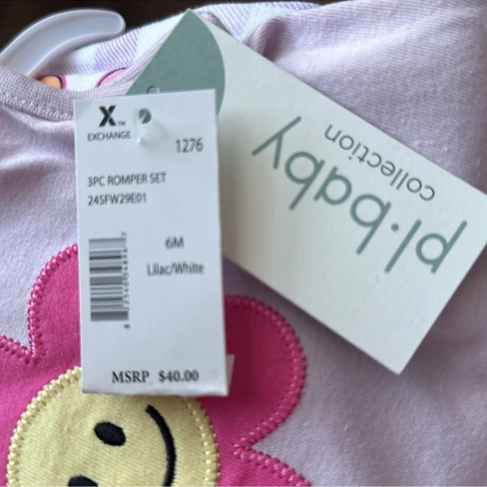 🌸 PI Baby 3-Piece Floral Outfit Set 6M NWT Pink Smiley Flower